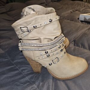 Women's Beige Ankle Boots with Studded Straps